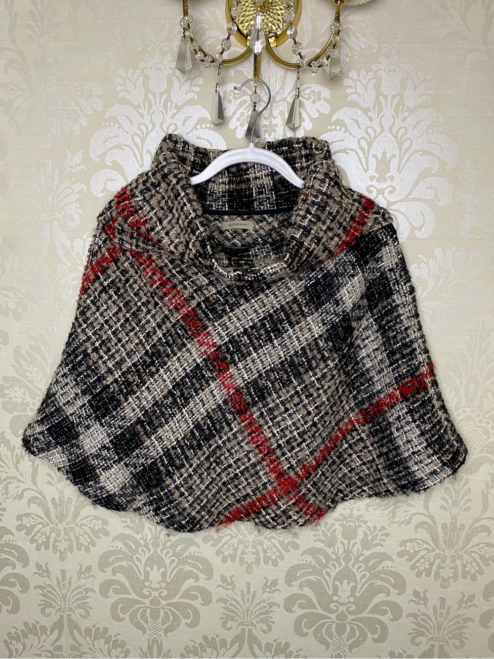 Vintage Burberry Black, Cream, and Red Tweed Funnel Neck Poncho